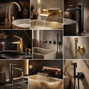 Designer bathroom mixer in a luxury bathroom interior
