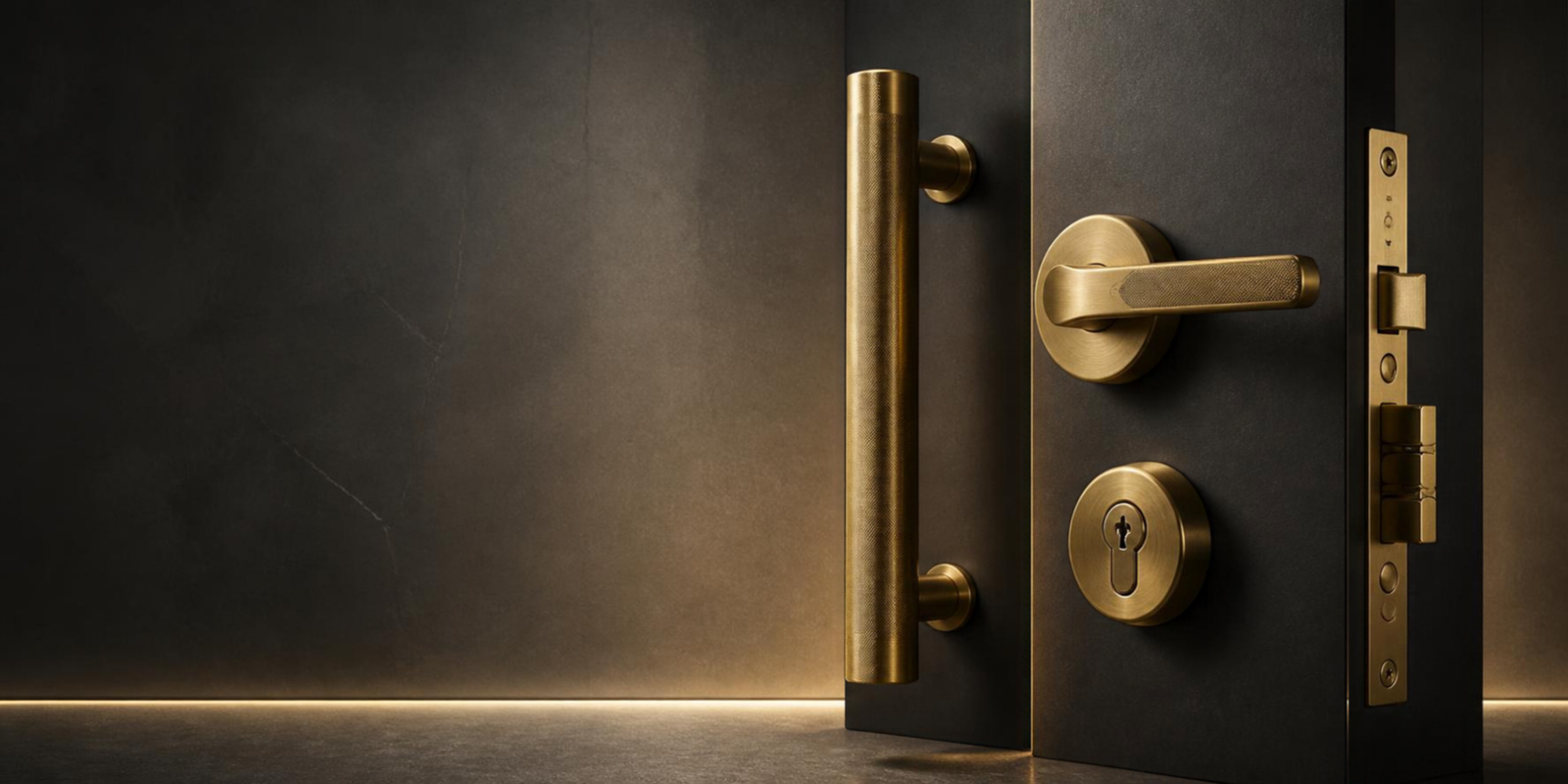 Architectural Hardware Product Image Brushed brass door handle, pull handle and locking system