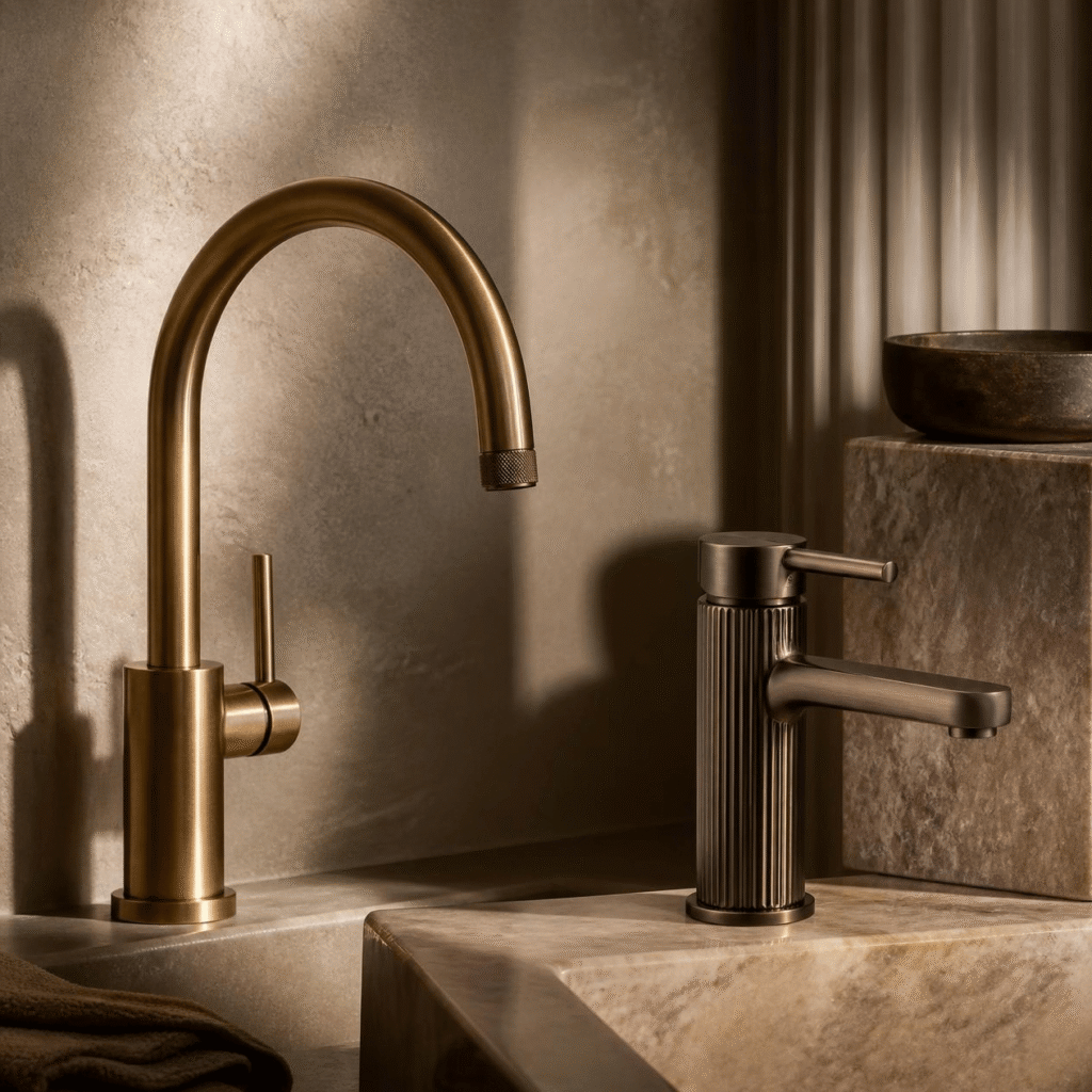 Brass Bronze Fixtures1 Brushed bronze kitchen faucet and bathroom basin mixer