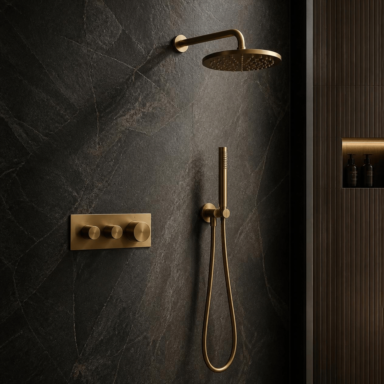 Luxury Brass Shower Brushed bronze rain shower system with handheld shower