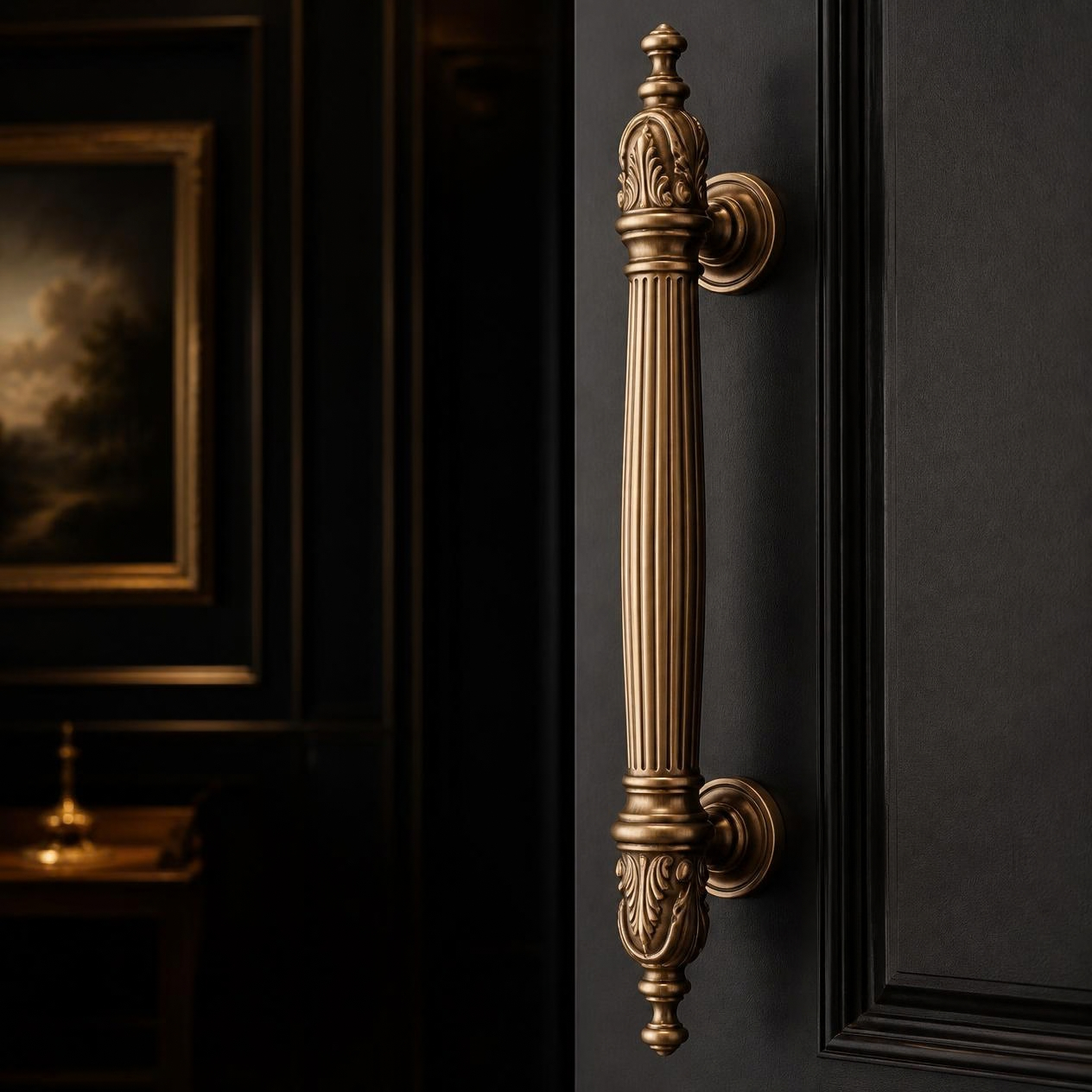 Luxury Door Handle Classic Ornate bronze architectural pull handle on a dark door